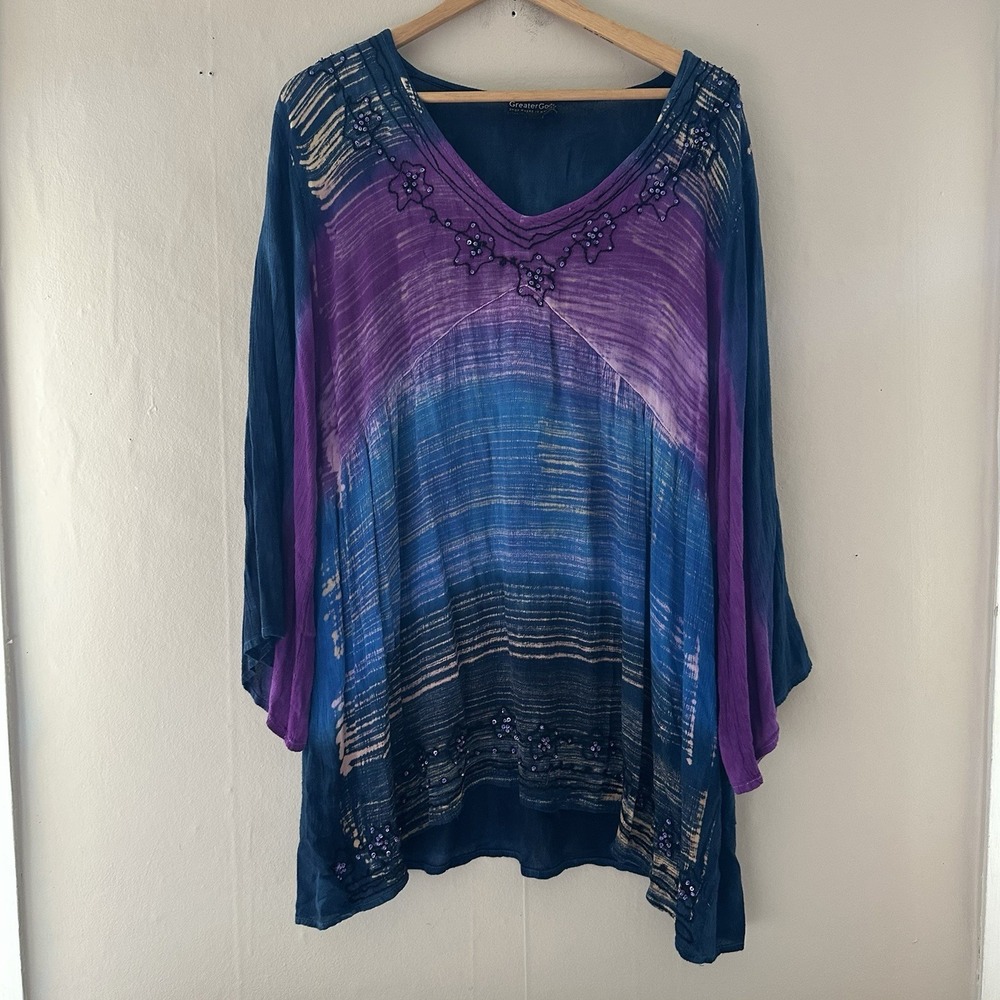 GreaterGood Womens Boho Whimsigoth Top Size XXL Beaded Witchy Fairy Tie Dye Art